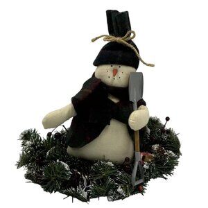 Christmas Snowman On Grass Sled Plush Doll With Shovel & Greenery Wreath Festive